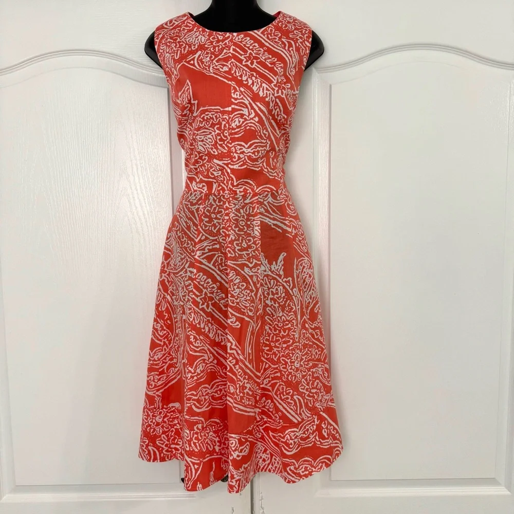Anne Klein Coral & White Fit & Flare Dress w/ Pockets Sz 14 Lined floral - Picture 2 of 6